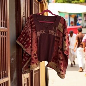 Pink Floyd Women's Burgundy Poncho Top With Kantha Sleeves